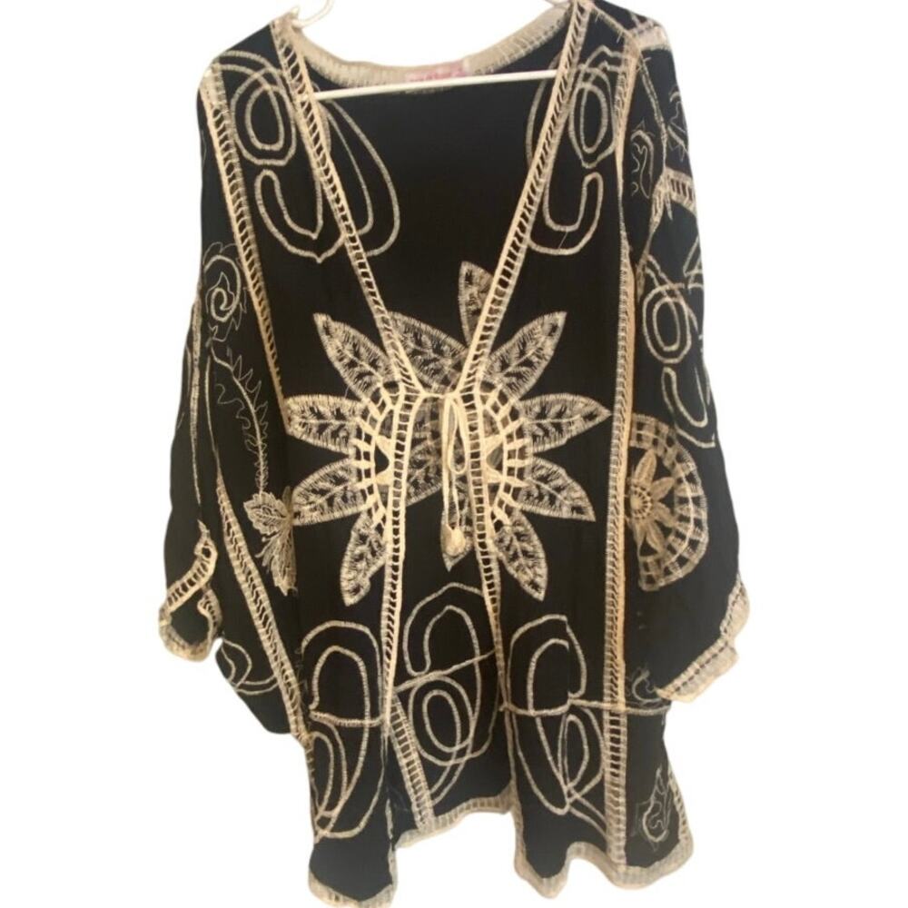 Black and Cream Embroidered Open-Front Women's Cardigan